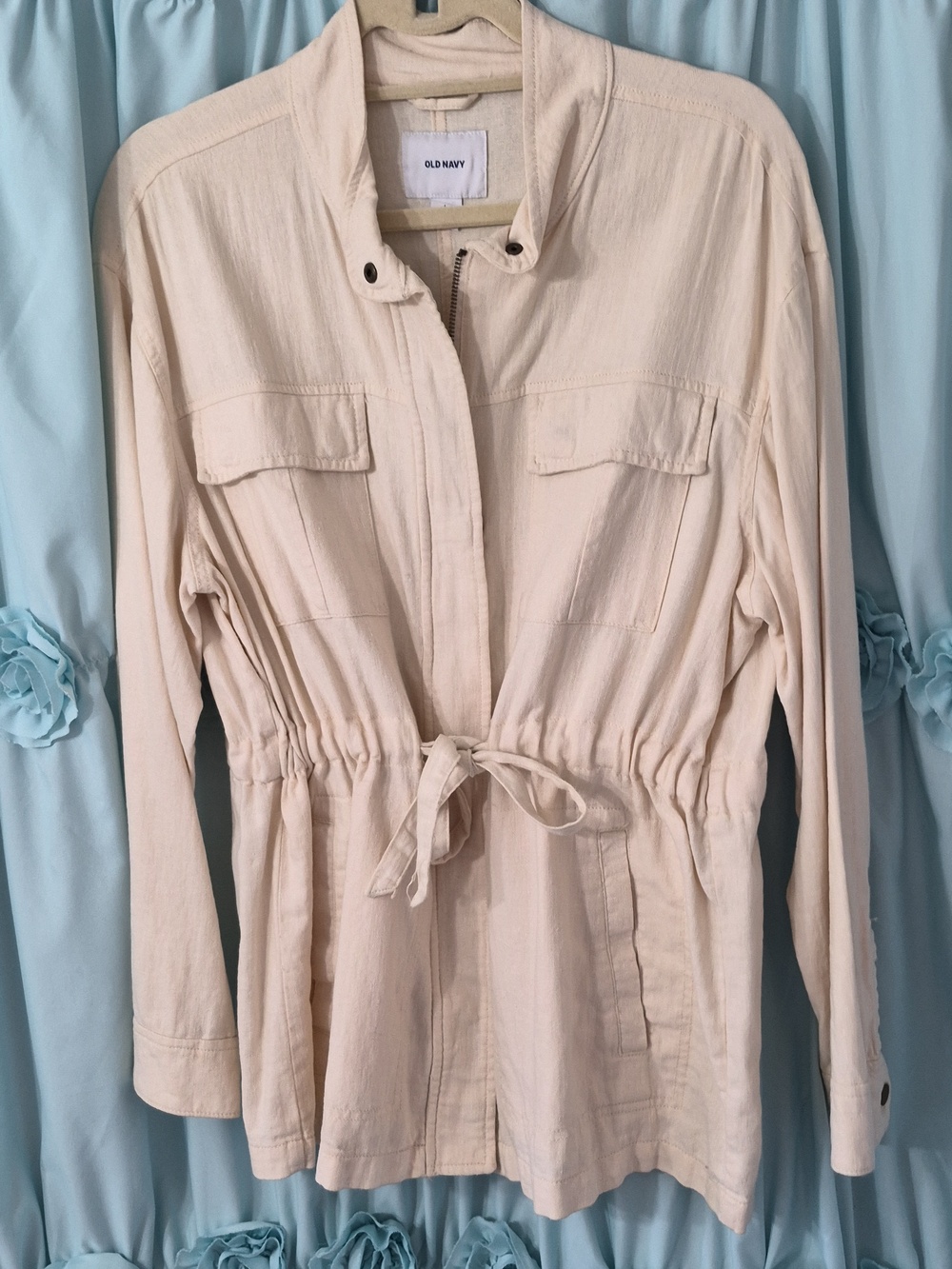 Old Navy Linen Blend Utility Jacket Tie Waist Safari Anorak Cream Sz L